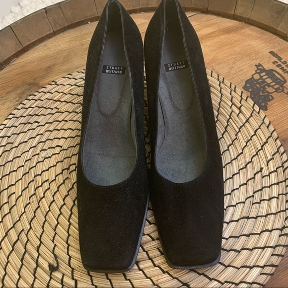 Stuart Weitzman || Black Suede Square Toe Block Heels 9.5 B - Picture 3 of 10